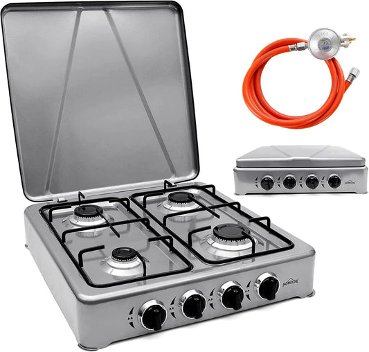 Campingkocher, Grau, 2 KW Gaskocher, HOMELUx 6, Grau 4 Flammig Campingkocher mit Deckel