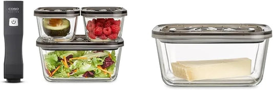 Caso Handvakuumierer inkl. 3 Vakuumbehälter aus Glas & VacuBoxx Eco L, Vacu OneTouch Eco-Set, Vakuum-Frischebehälter, 1 Behälter mit 1500 ml
