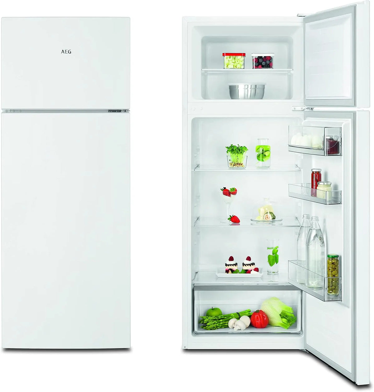 AEG Kühlautomat, Serie 5000 mit ColdSense, 1434 mm, Gefrierteil oben, 206 L, LowFrost, RDB424E1AW Freistehender Doppeltür, weniger Eisbildung, Farbe