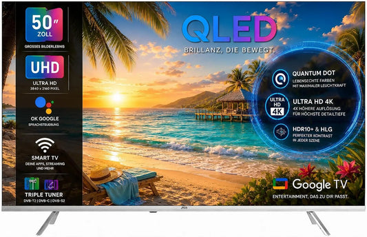 Google Zoll, 126 JTCSQ50U39505G Smart TV, 50 Zoll, Fernseher, 4K UHD, QLED, HDR, Triple-Tuner DVB-T2, S2, Bluetooth, Android OS, HDR10+, Dolby Vision