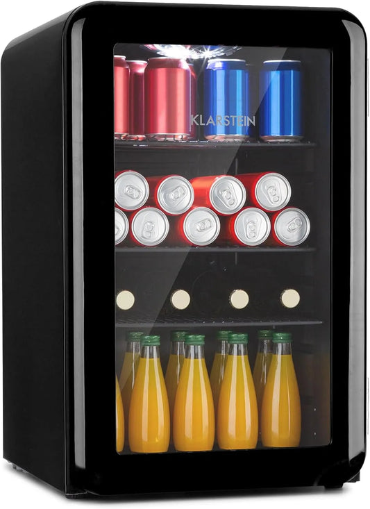 Klarstein Kühlschrank, 70 L, 0 bis 10 °C, 39 dB, Schwarz, Mini-Bar, Retrokühlschrank, nur 39 dB, doppelt verglaste Tür, umweltfreundlich, Retro-Design