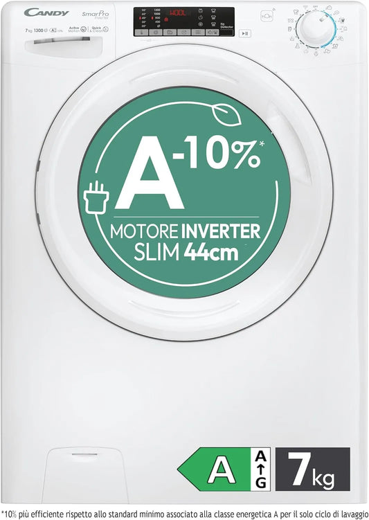 Candy CO4 Waschmaschine, 85 x 60 x 45 cm, 16 Programme, 7 kg, 76 dB, Energieklasse A, freistehend, Inverter, schmal, Weiß, Klasse A-10%, Schnellzyklen
