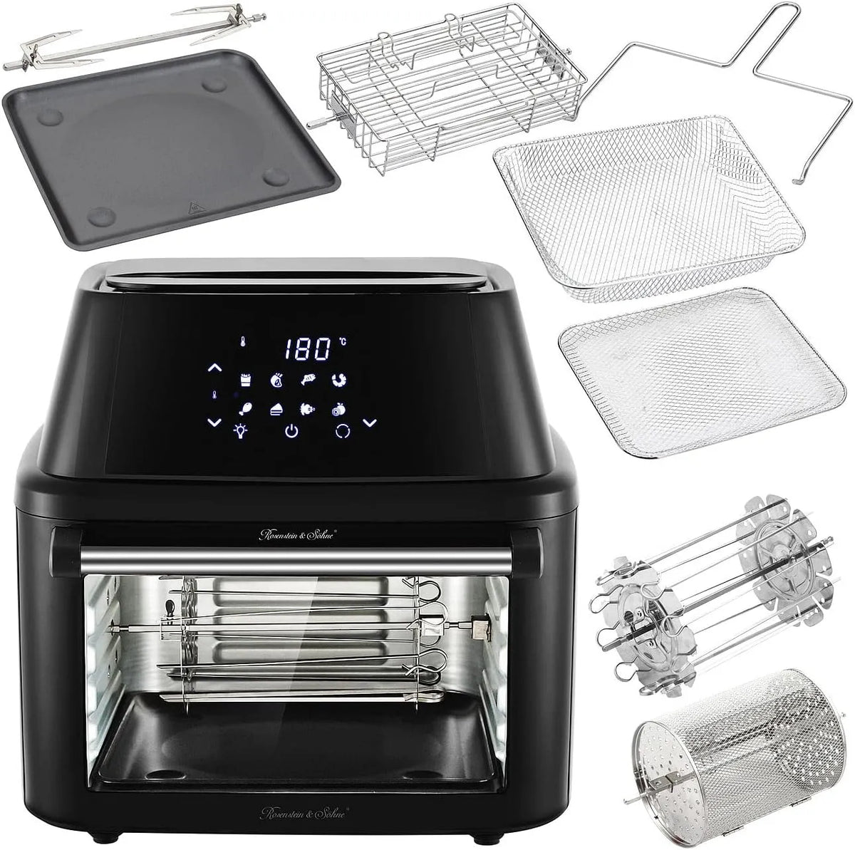 Elektrischer Pizzaofen, 16 L, 8 Programme, Rosenstein & Söhne Minibackofen: Digitale xxxL-Heißluft-Fritteuse & Umluft-Backofen, Mini Ofen, Pizza