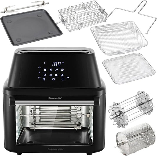 Elektrischer Pizzaofen, 16 L, 8 Programme, Rosenstein & Söhne Minibackofen: Digitale xxxL-Heißluft-Fritteuse & Umluft-Backofen, Mini Ofen, Pizza