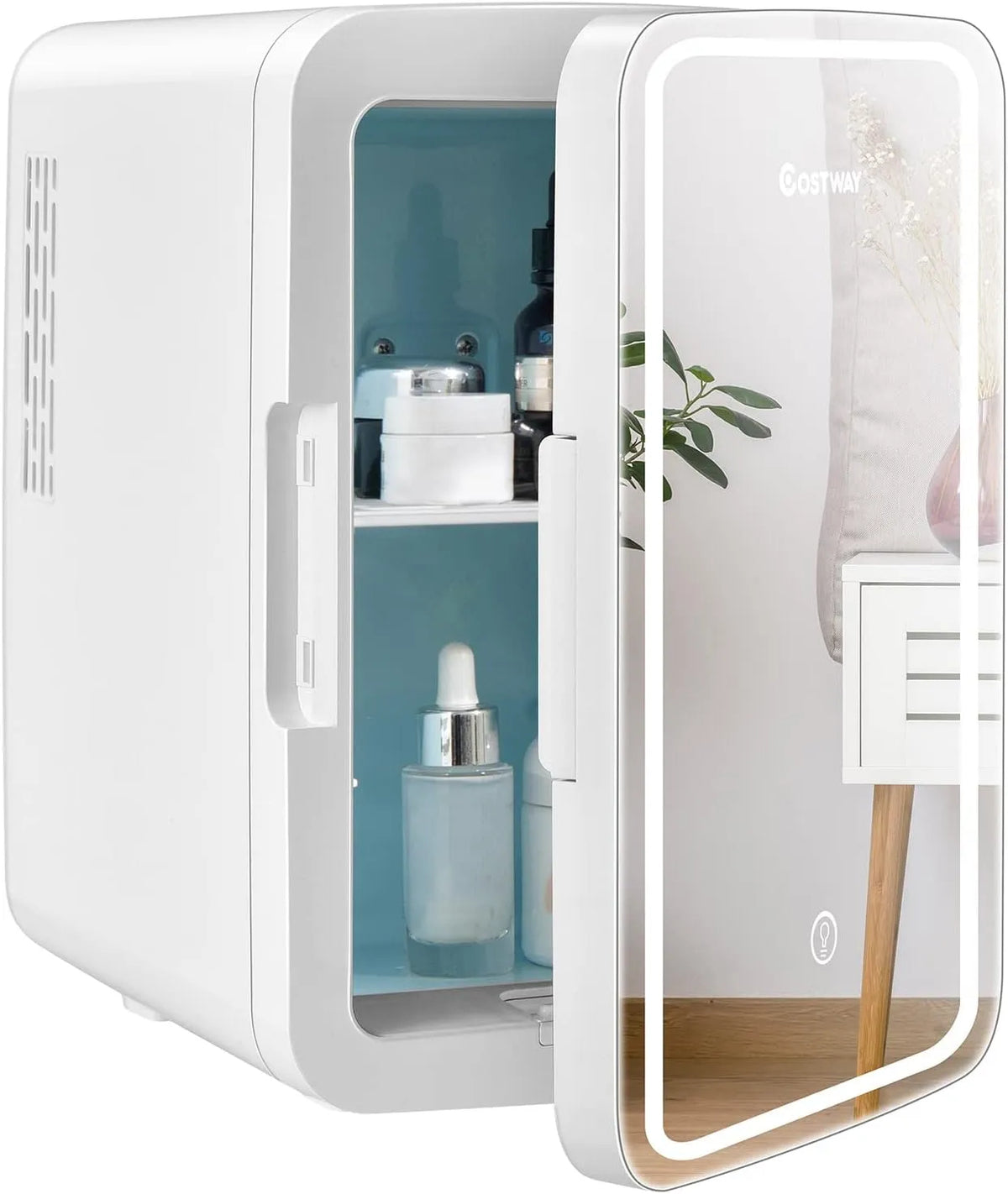 Kühlschrank 3-stufige, 10 L, Touch-Bedienung, Glas, AC, DC Mini Fridge mit Helligkeit Touch-Screen-Spiegel, Kühler und Wärmer für Hautpflege und