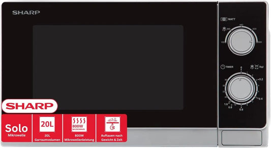 Sharp R200INW Mikrowelle, 20 L, 800 W, Mikrowellenofen, Silber, SHARP R200INW Solo-Mikrowelle 20 L 800 W 5 Leistungsstufen Silber