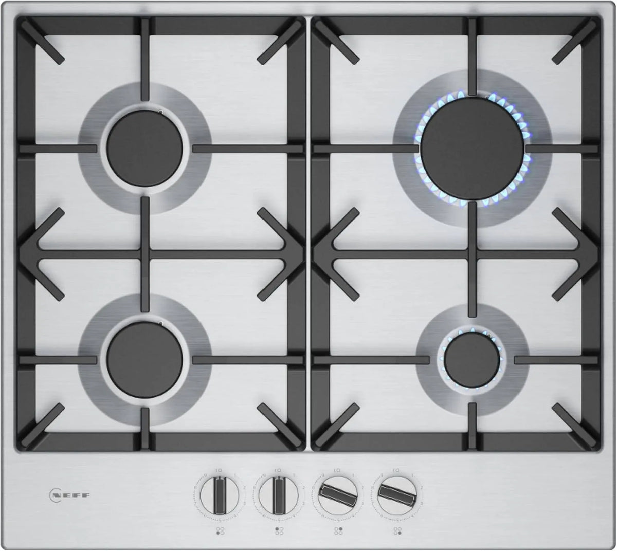 NEFF T26CIP8N0 Gaskochfeld, 60 cm, Gusseisen, Edelstahl, Gaskocher, N 70, Metallknebel, FlameSelect, Gas-Sicherheitsabschaltung, Biomethan breit