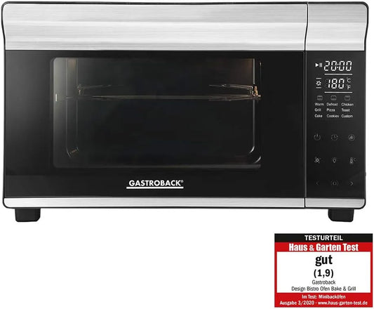 Elektrischer Pizzaofen, 30 cm, 26 L, 30 bis 230 °C, Touch-Bedienung, Grill, Cool Touch Gehäuse, 5 Funktionen bei 30°C, GASTROBACK Design Mini-Backofen