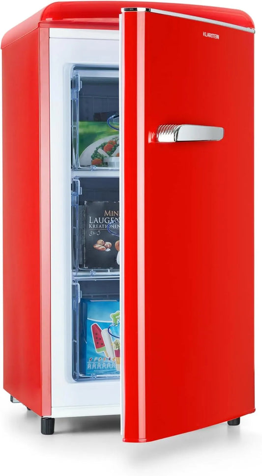 Klarstein Gefrierschrank, 60 L, 0 bis -18 °C, freistehend, Thermostat, Gefrierfach, Tiefkühlschrank, Rot, 3 Einschübe, Klarstein Laika Gefrierschrank