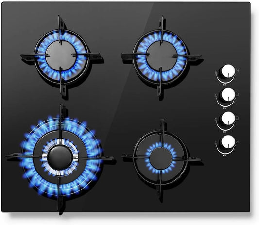 Gaskochfeld, 60cm, 4 Kochzonen, 8000 W, SNDOAS, Gaskocher, Schwarz, 8000W, Vetro Temperato Nero