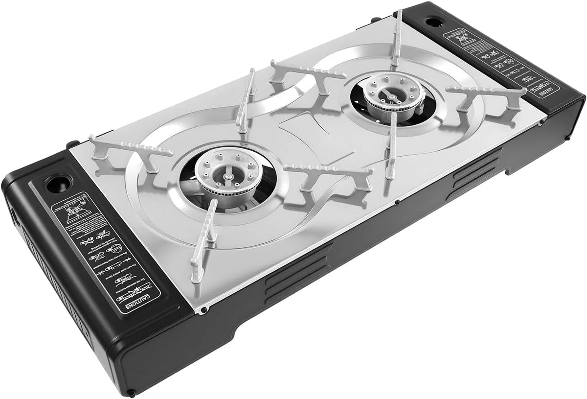 Campingkocher 2-in-1 2-Flammig, tragbar, Outdoor, Grill, Tragbarer Camping Grill Gas Stove Campingkocher Gas Kochfeld für Outdoor und Innenraum