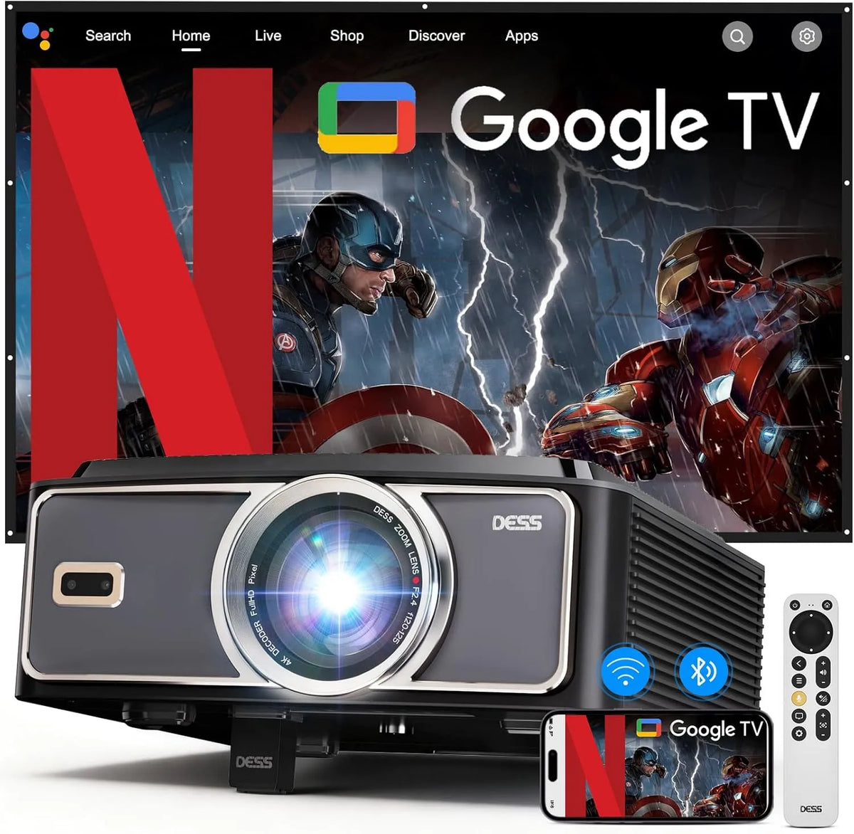 Projektor Beamer-4K 1080P, 300 Zoll, Outdoor, WLAN, Bluetooth, 4K UHD, 2200ANSI&Autofokus, Trapezkorrektur, DESS Full-HD 1080P Smart kurzdistanz