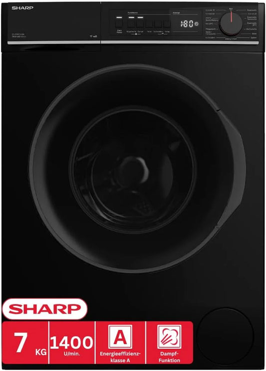 Sharp ES-PRO714BA-DE Waschmaschine, 7 kg, WLAN, Inverter, Dampf, aquaStop, Schwarz, 1400 U/min, EEK A, WiFi
