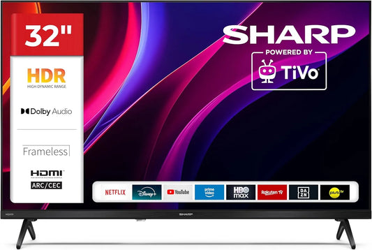 Sharp 32HE2345E Smart TV, 32 Zoll, 60 Hz, 3 HDMI, 2 USB, Fernseher, HDR, rahmenlos, Schwarz, HDR10, 2x8 W Sound, 3x HDMI, 2x USB, TiVo TV