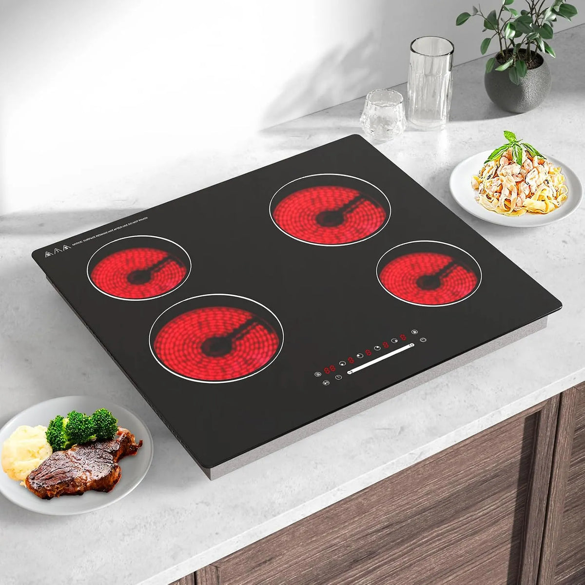 Glaskeramikkochfeld, 560×490 mm, 6000 W, Einbau, Touch-Bedienung, 60 cm Glaskeramik Kochfeld 4 Zonen, Einkreis-Kochzonen, Ohne Stecker Festanschluss