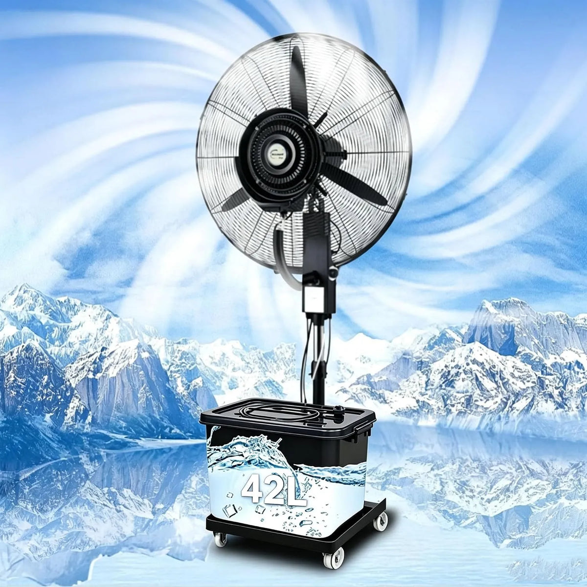 Ventilator, 75cm, Transportrollen, 3 Geschwindigkeiten, großer Wassertank, 90° Oszillierender Nebelkühler mit Rollen für Terrasse, Garten & Lagerhalle