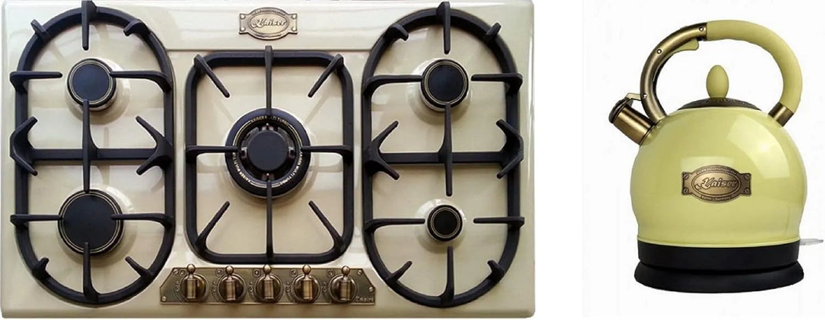 Kochfeld, 90cm, 2 L, 1800 W, Einbau, 8 KW WOK, Einbau Herd, Emaliert Elfenbein, Gas-Control, Erdgas