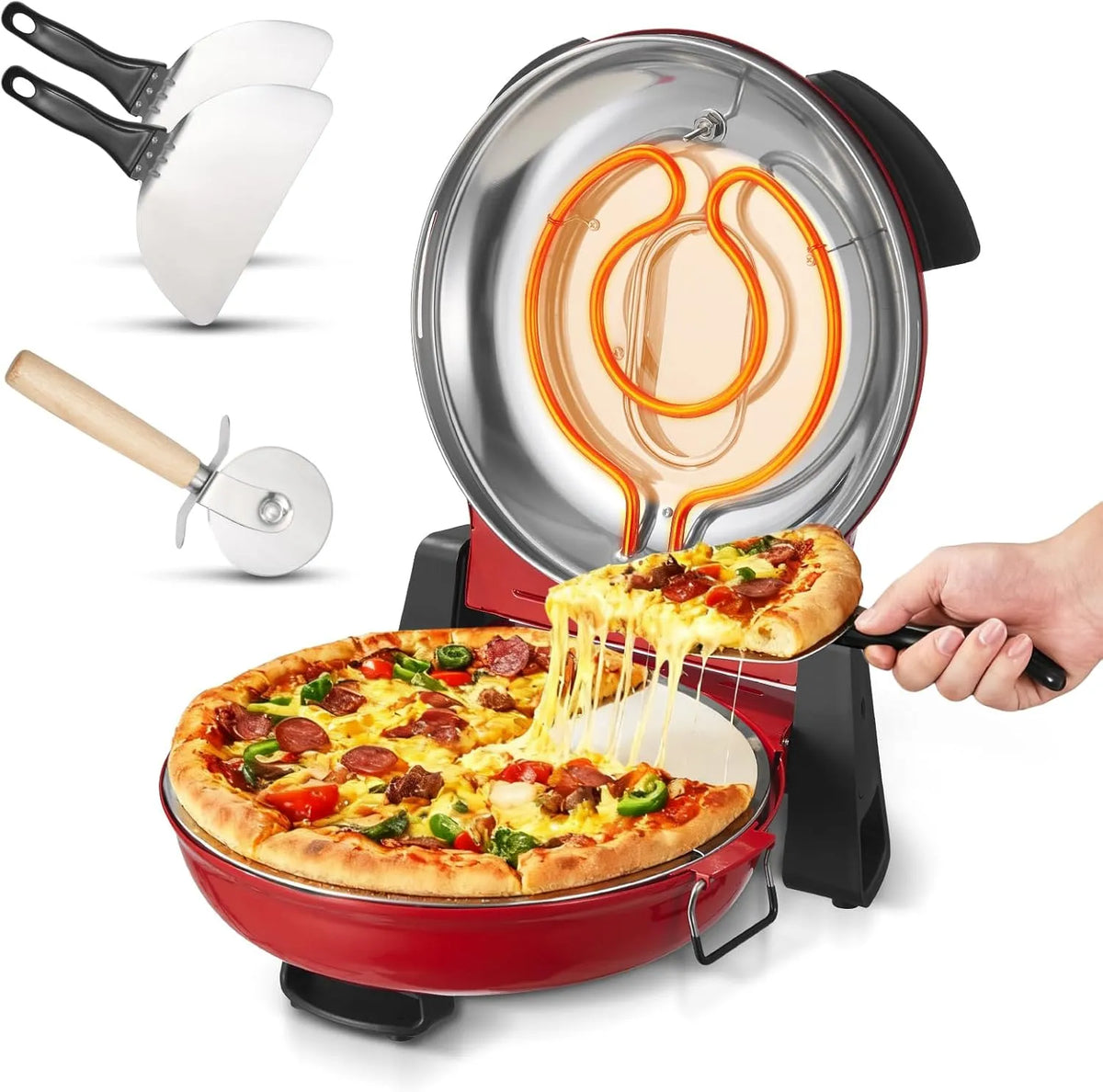 VEVOR 5-stufige Elektrischer Pizzaofen, 1200 W, 2 Temperaturzonen, Rot, erhitzt bis zu 420 °C, Backofen für Zuhause, Sichtfenster für präzises Kochen
