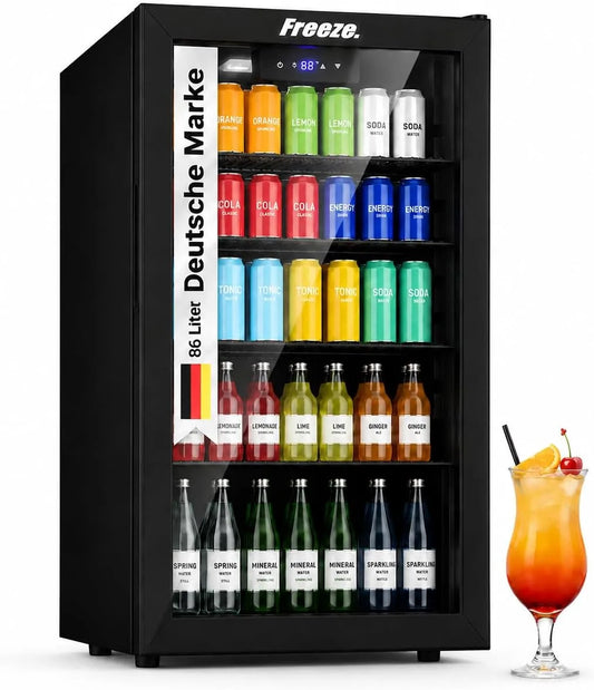Weinkühlschrank, 86 L, Weinkühler, Glas, Schwarz, Mini-Kühlschrank für 126 Dosen, FREEZE, frostfrei