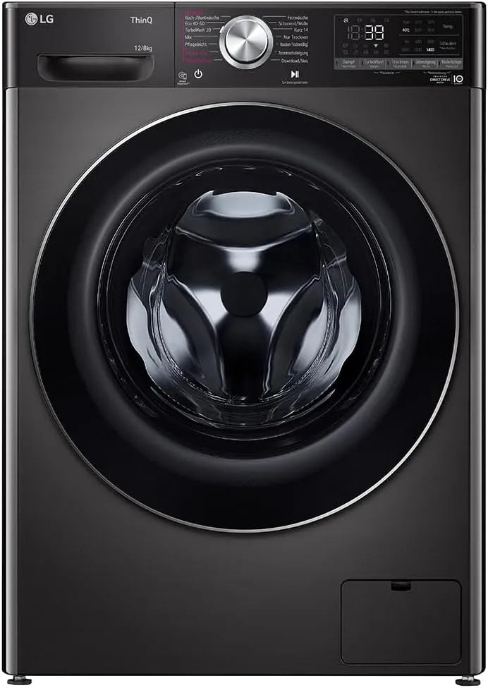 LG V9WD128H2B Waschtrockner, 60 x 61 x 85 cm, 8 kg, Energieklasse A, Waschmaschine, Trockner, Dampf, Schwarz, Schnellwaschgang in 39 Min, 1360 U/min