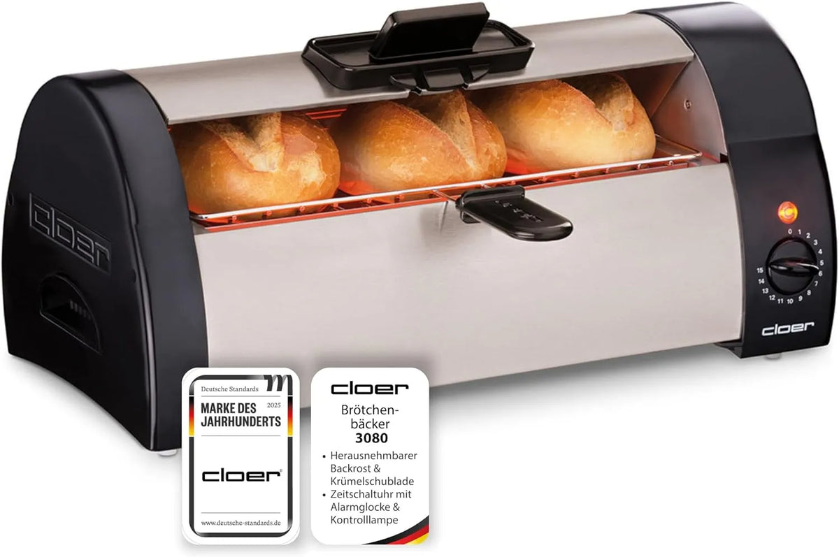 Produkt Kuchen oder Hefeteilchen 570 W, Cloer 3080 Brötchenbäcker zum Aufbacken von Brötchen, mattiertes Edelstahlgehäuse