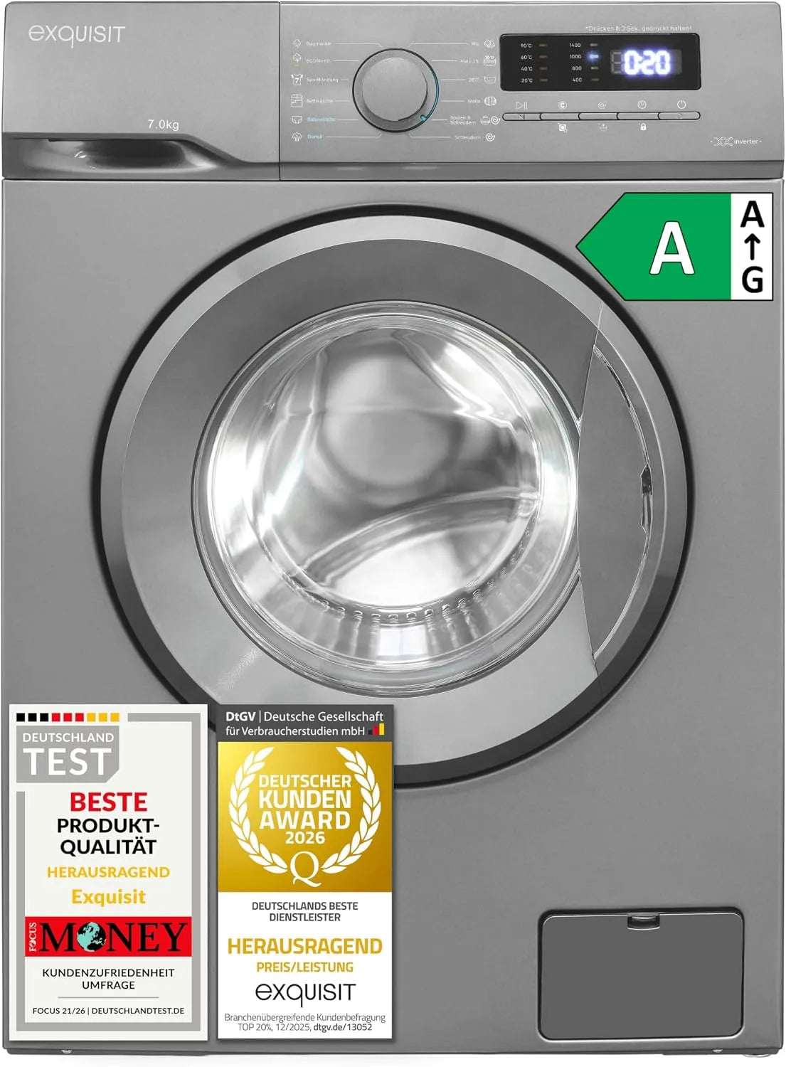 Exquisit Waschmaschine, 45 cm, 7 kg, schmal, Edelstahl, 1400 U/Min, Inoxlook
