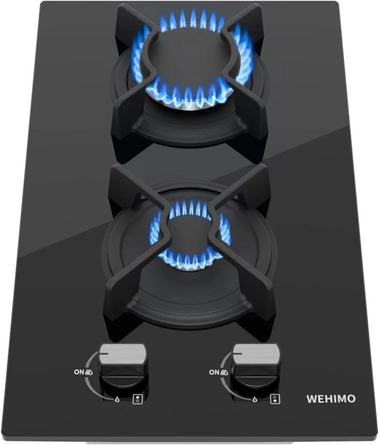 Gaskochfeld 2700W+1000W, 30cm, 2 Kochzonen, 3700/2700, 1000 W, Einbau, Gaskocher, WEHIMO Gaskochfeld 2 Flammig, Domino Gaskochfeld für Propangas und
