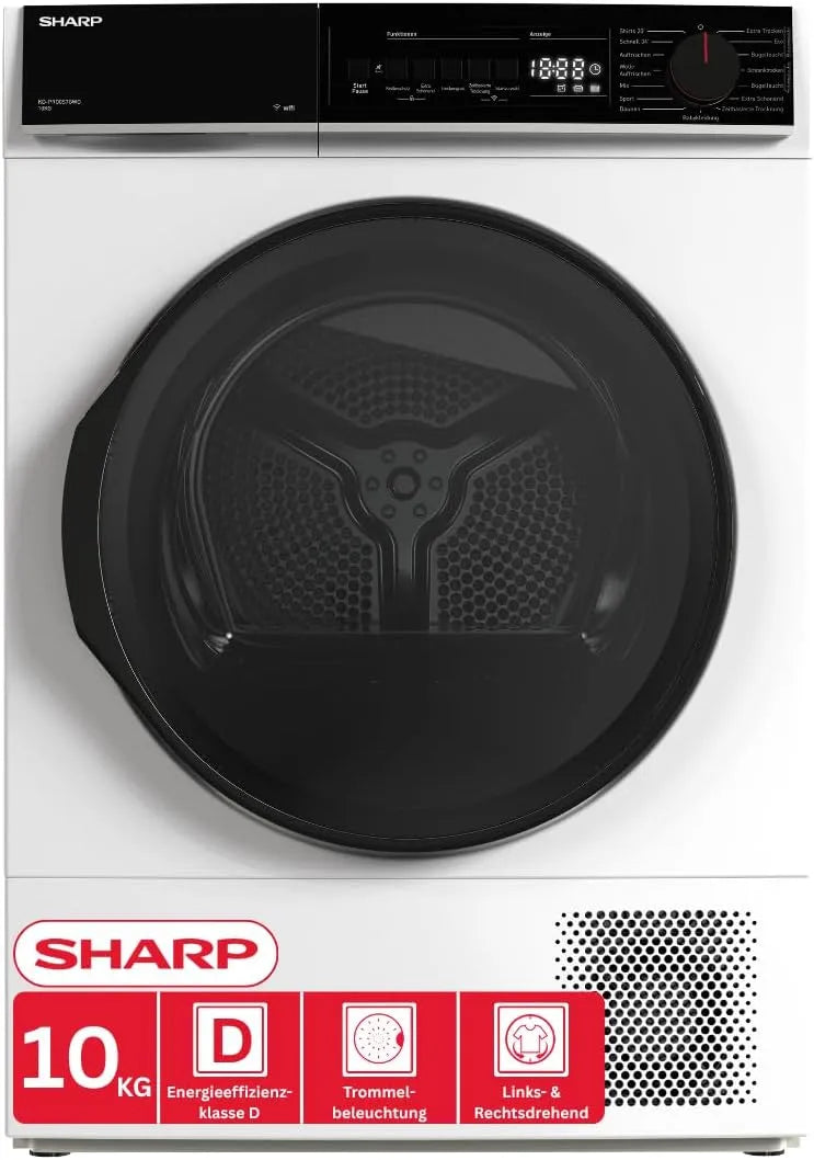 Sharp KD-PRO0S7GWD-DE Wäschetrockner, 10 kg, WLAN, LED-Beleuchtung, Edelstahl, Weiß, 20 Min, 15 Trockenprogramme, EEK D, WiFi