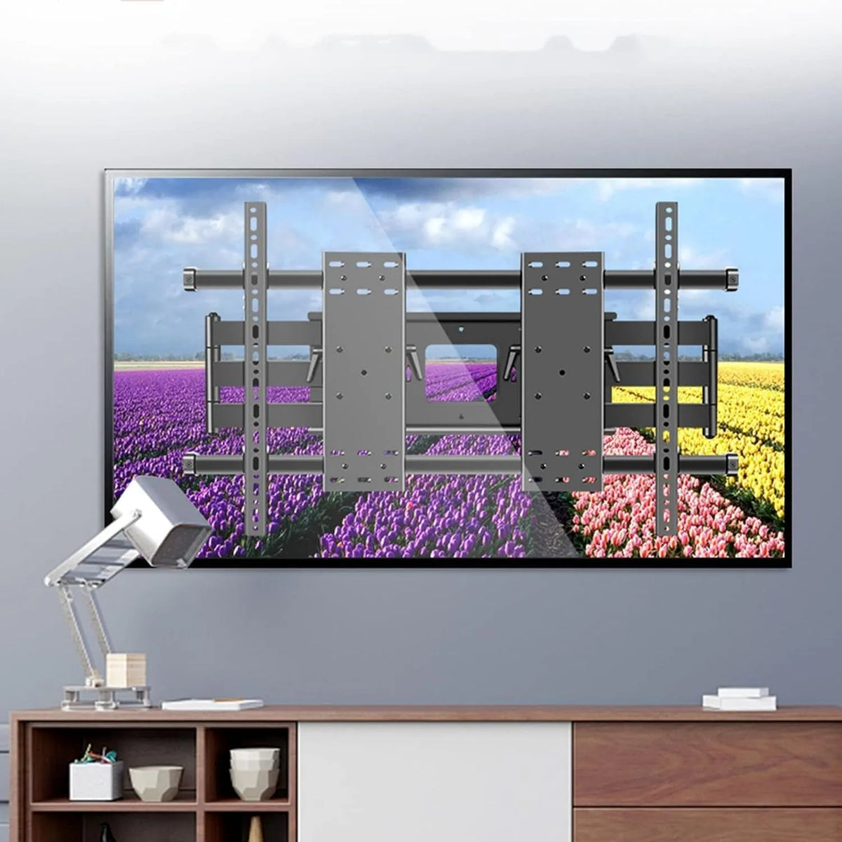 Smart TV, 120 Zoll, Fernseher, Wandmontage, doppelt Schwenk- und neigbar, 6 Arme