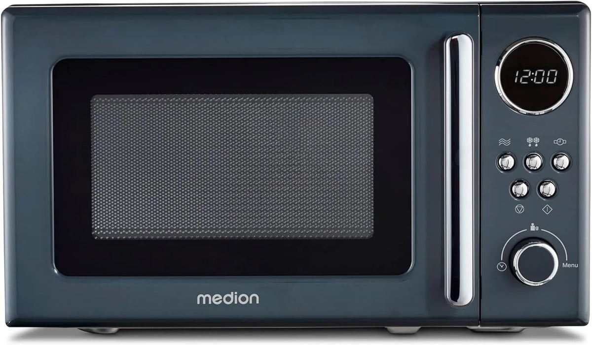 Mikrowelle MD15000, 20 L, Auftaufunktion, Mikrowellenofen, Grau, 800 Watt, 8 Automatikprogramme, 5 Mikrowellenstufen, MEDION Retro Mikrowelle klein