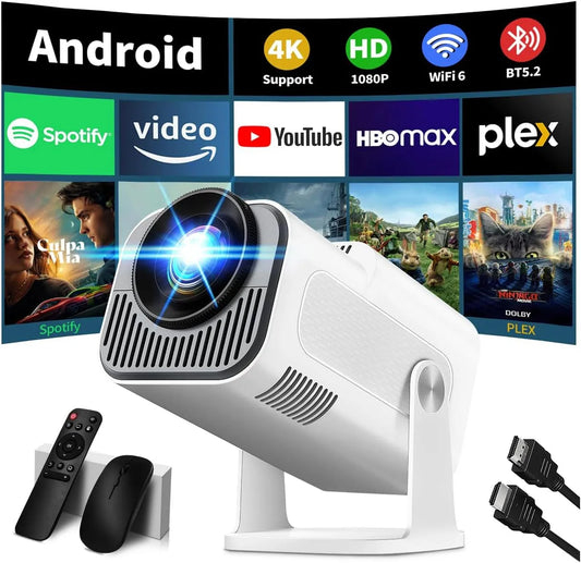 Smart TV 1080P, Fernseher, 4K UHD, HDMI, tragbar, WLAN, Bluetooth, Weiß, Mini Beamer Unterstützt 4K, Beamer Klein Projektor Auto Keystone 270° Dreh