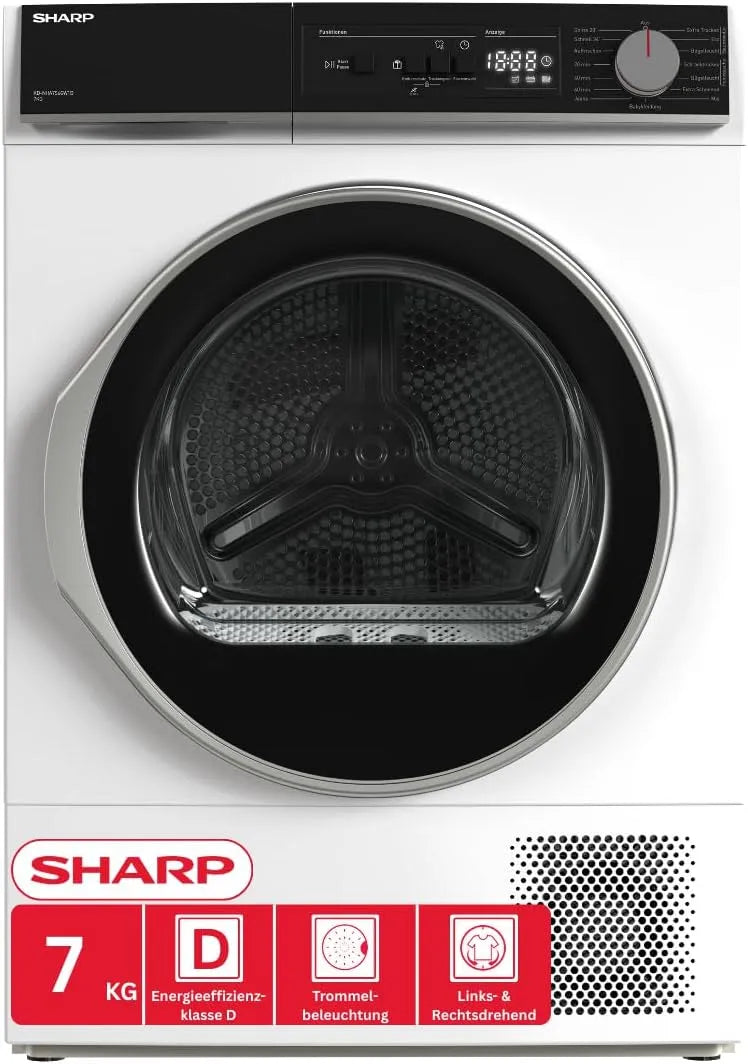 Sharp KD-NHA7S6GW1D-DE Wäschetrockner, 7 kg, LED-Beleuchtung, Edelstahl, Weiß, 20 Min, 15 Trockenprogramme, EEK D