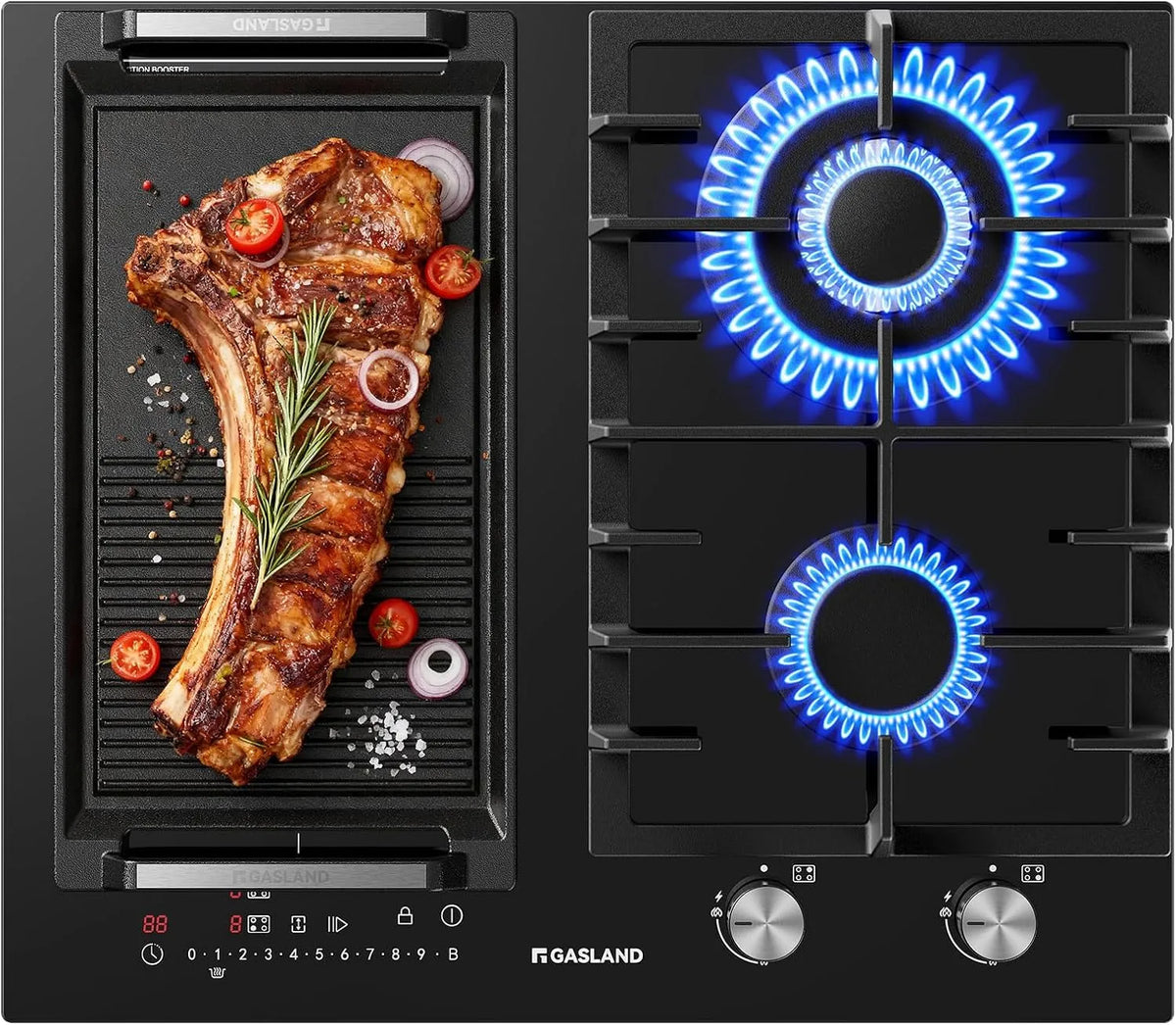 Kochgeschirr, 60 cm, 5200/3500 W, GASLAND GIH604BF, Einbau, & Induktionskochfeld 3500 W mit BBQ-Funktion, Gaskochfeld mit Wokbrenner, Ohne Bratpfanne