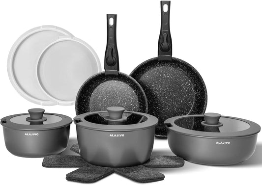 Backofen 17-Teilig, Antihaftbeschichtung, Grau, Topfsets Pfannenset mit Antihaft Beschichtet, Topfset mit Abnehmbarer Griff, Topfset Induktion
