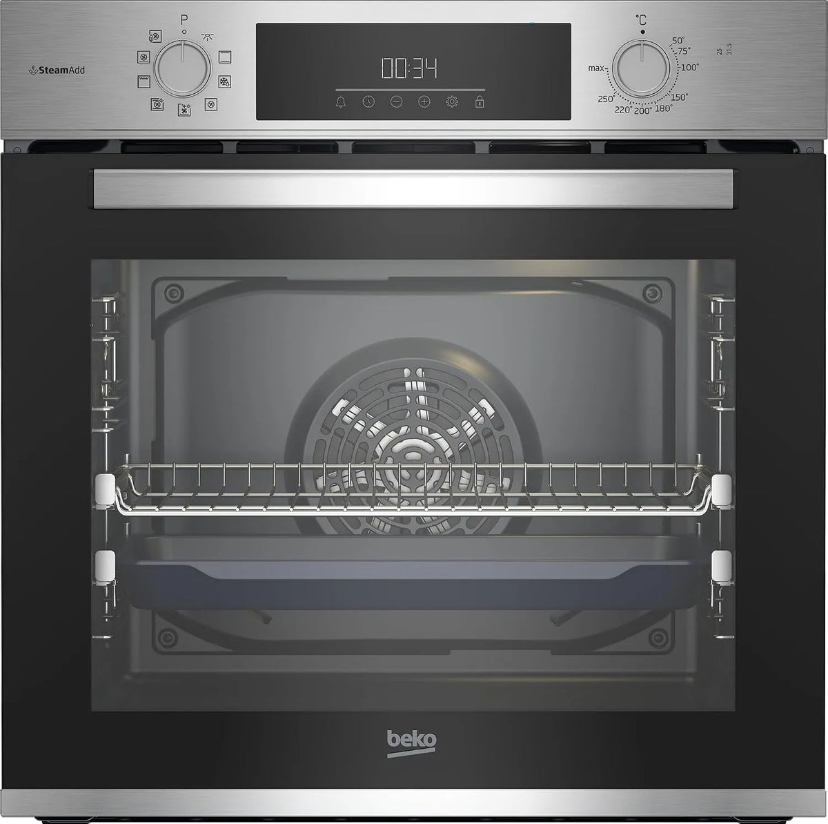 Beko BBIS12301xE b300 Backofen, 72 L, Einbau, Dampf, Edelstahl, versenkbare Knebel, SteamShine Reinigung, 9 Funktionen, 72 l Garraum, SteamAdd