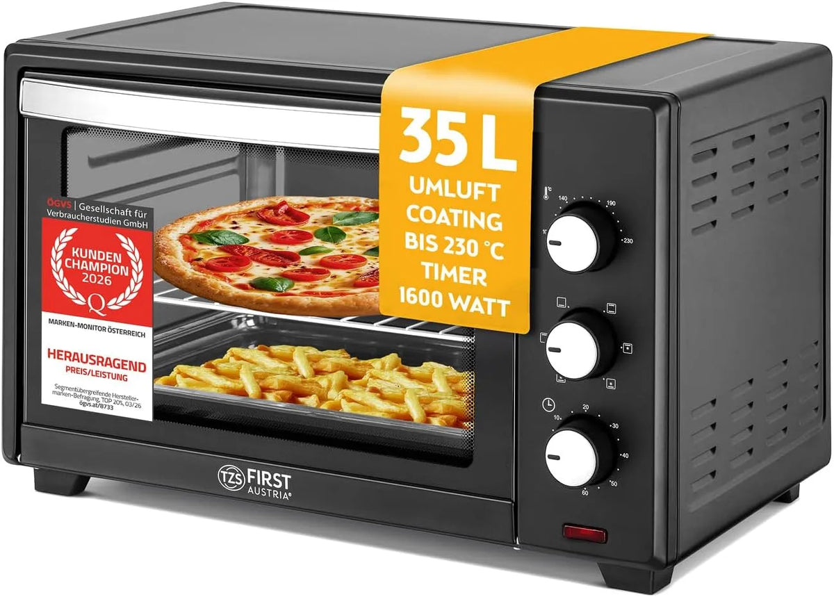 Elektrischer Pizzaofen, 35 L, 1600 W, Timer, Grill, kompakt, Antihaftbeschichtung, Miniofen 60 Min, TZS First Austria, 3 Einschubhöhen