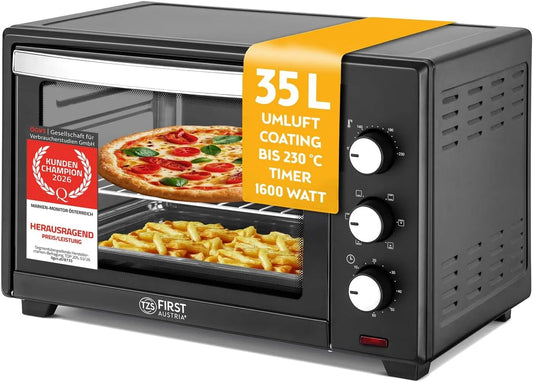 Elektrischer Pizzaofen, 35 L, 1600 W, Timer, Grill, kompakt, Antihaftbeschichtung, Miniofen 60 Min, TZS First Austria, 3 Einschubhöhen