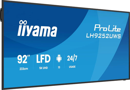 Digital Signage Display, 92 Zoll, Werbedisplay, iiyama LH9252UWS-B1AG USB3.2, WLAN, Android OS, VA-Panel, HDMI, digitaler Werbeanzeige, Schwarz