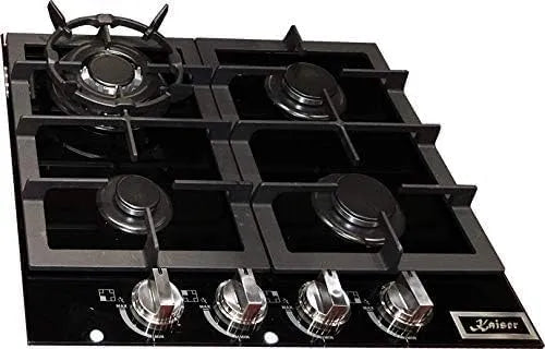Gaskochfeld, 60cm, Einbau, autark, Edelstahl, Gaskocher, 8 kW Wok mit Adapter, 4 flammig, Gas auf Schwarzem Glas, Erdgas