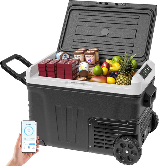 Elektrische Kühlbox 12V/24V 220-240V, 35 L, -20 bis 20 °C, 12 V, tragbar, Outdoor, Transportrollen, App, Auto, Camping, mobile Kühlbox, EUHOMY 35L