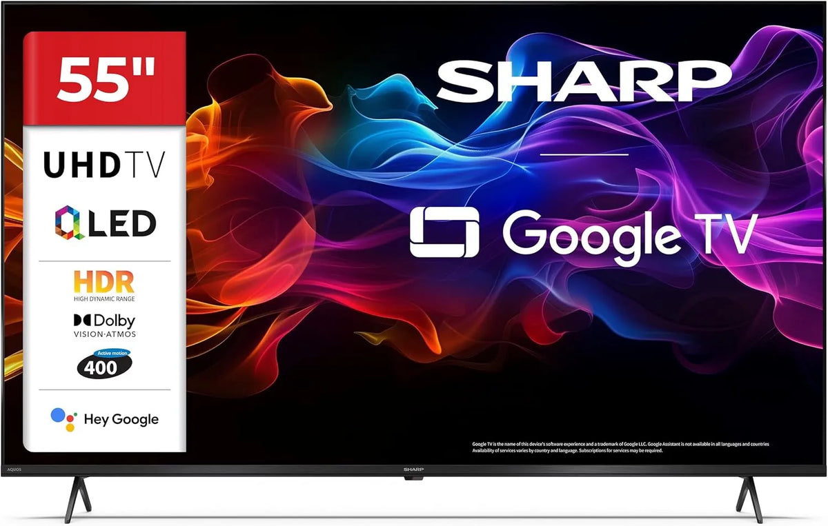 Google 55HP5365E USBx2 Smart TV, 55 Zoll, 60 Hz, Fernseher, 4K UHD, QLED, HDR, Dolby Audio, HDMI, rahmenlos, Bluetooth, Schwarz, Dolby Atmos 2x12 W