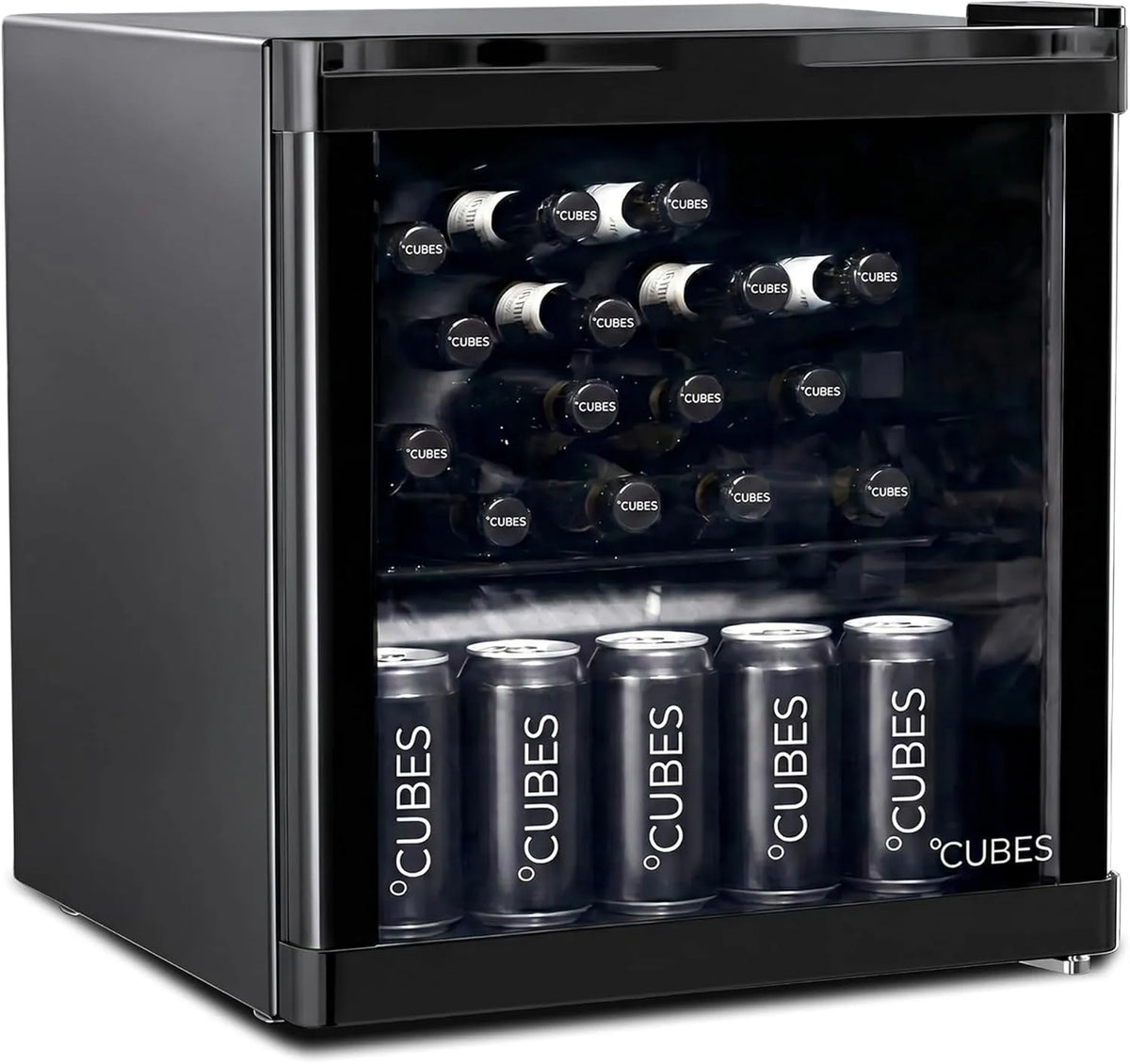 Kühlschrank, 48 L, Glas, Schwarz, °CUBES Mini Kühlschrank 48 L Schwarz, Eleganter Getränkekühlschrank mit Glastür & 1 variabler Ablage